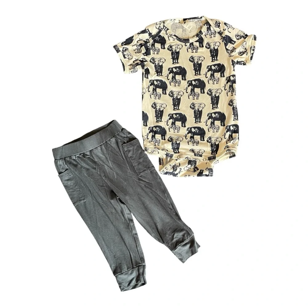 #238, kate quinn Elephant body suit and matching gray pants, size 12-18 mo